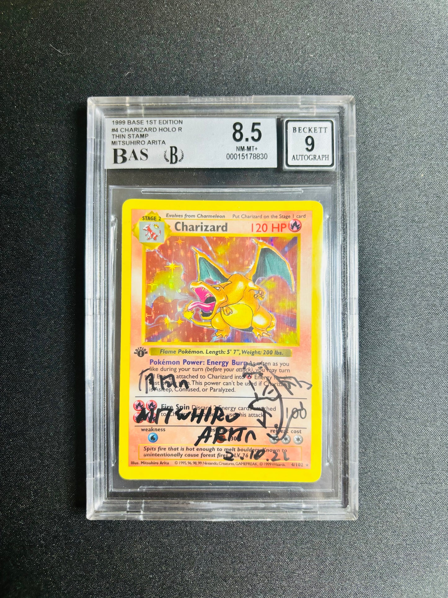 1999 BASE 1ST EDITION #4 CHARIZARD HOLO R THIN STAMP MITSUHIRO ARITA BGS 8.5/9