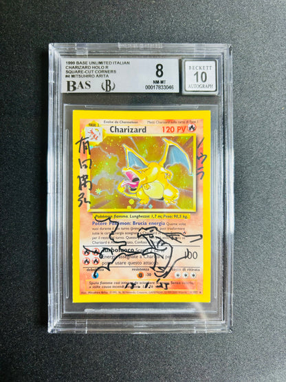 1999 BASE UNLIMITED ITALIAN CHARIZARD HOLO R SQUARE-CUT CORNERS #4 MITSUHIRO ARITA BGS 8/10
